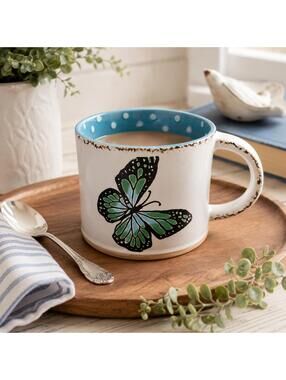 Spectrum Designz Butterfly Mug Blue Polka Dot Ceramic Coffee Tea Cup 17 oz